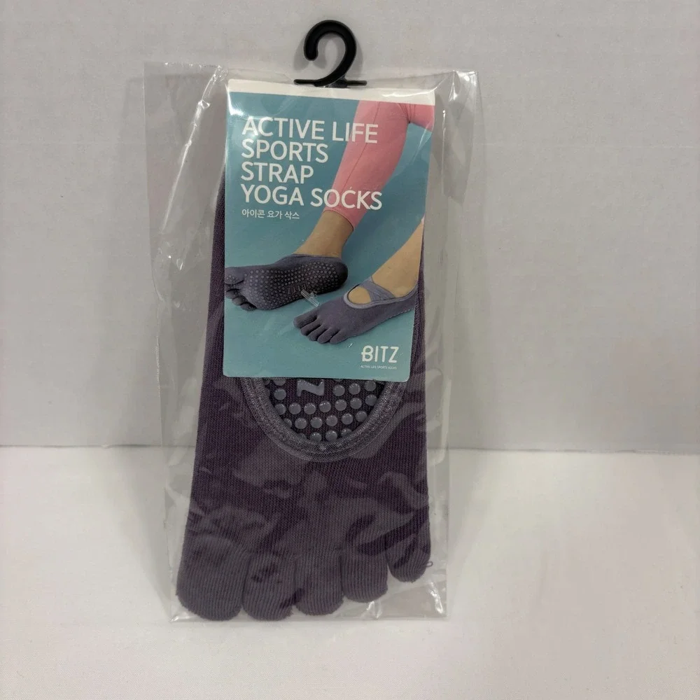 2 pair-Bitz Active Life Sports Strap Yoga Socks Purple Non-Slip Five Toe Pilates
